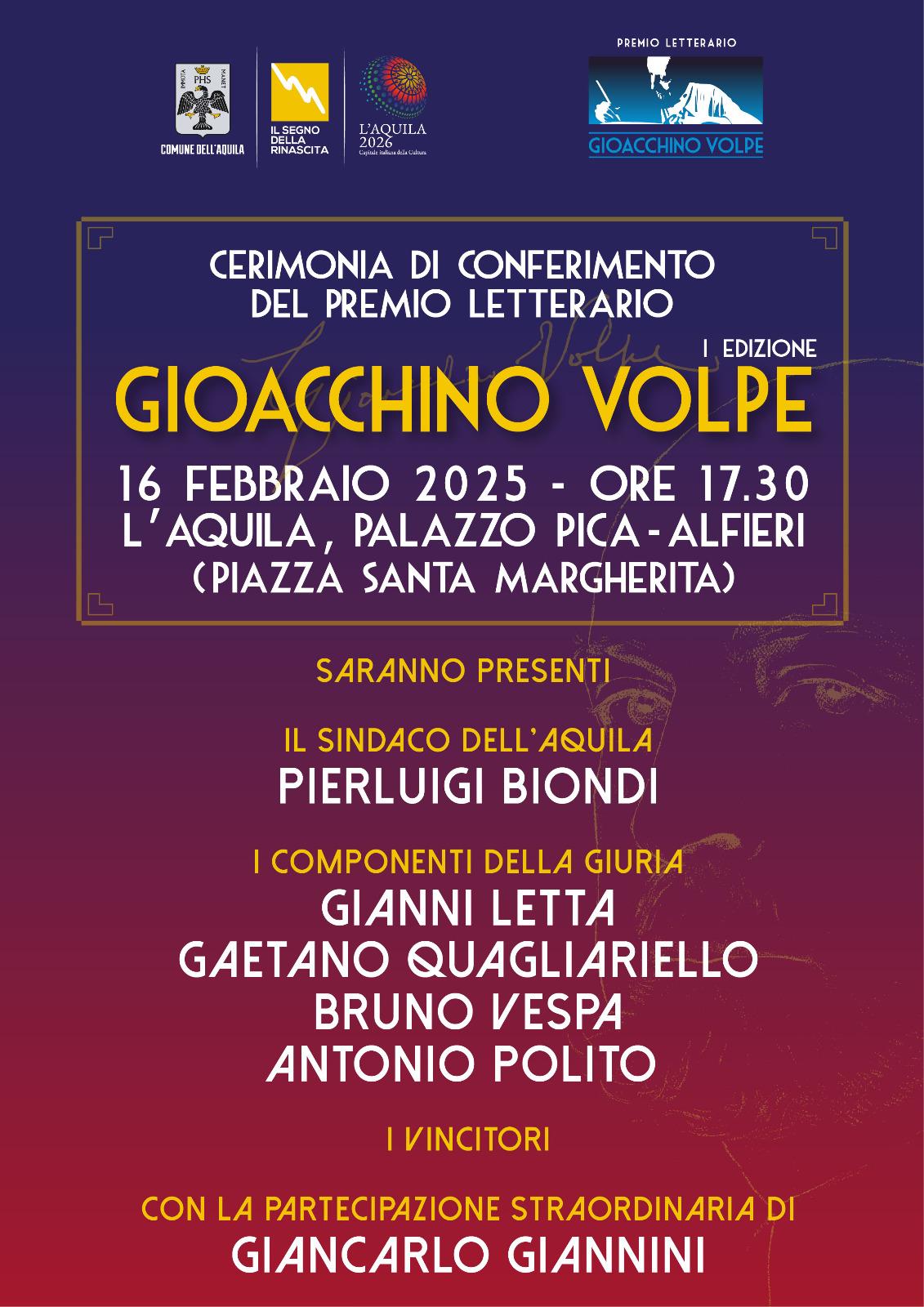 L’AQUILA CAPITALE DELLA CULTURA 2026: CONSEGNATI I PREMI DEL CONCORSO “GIOACCHINO VOLPE”