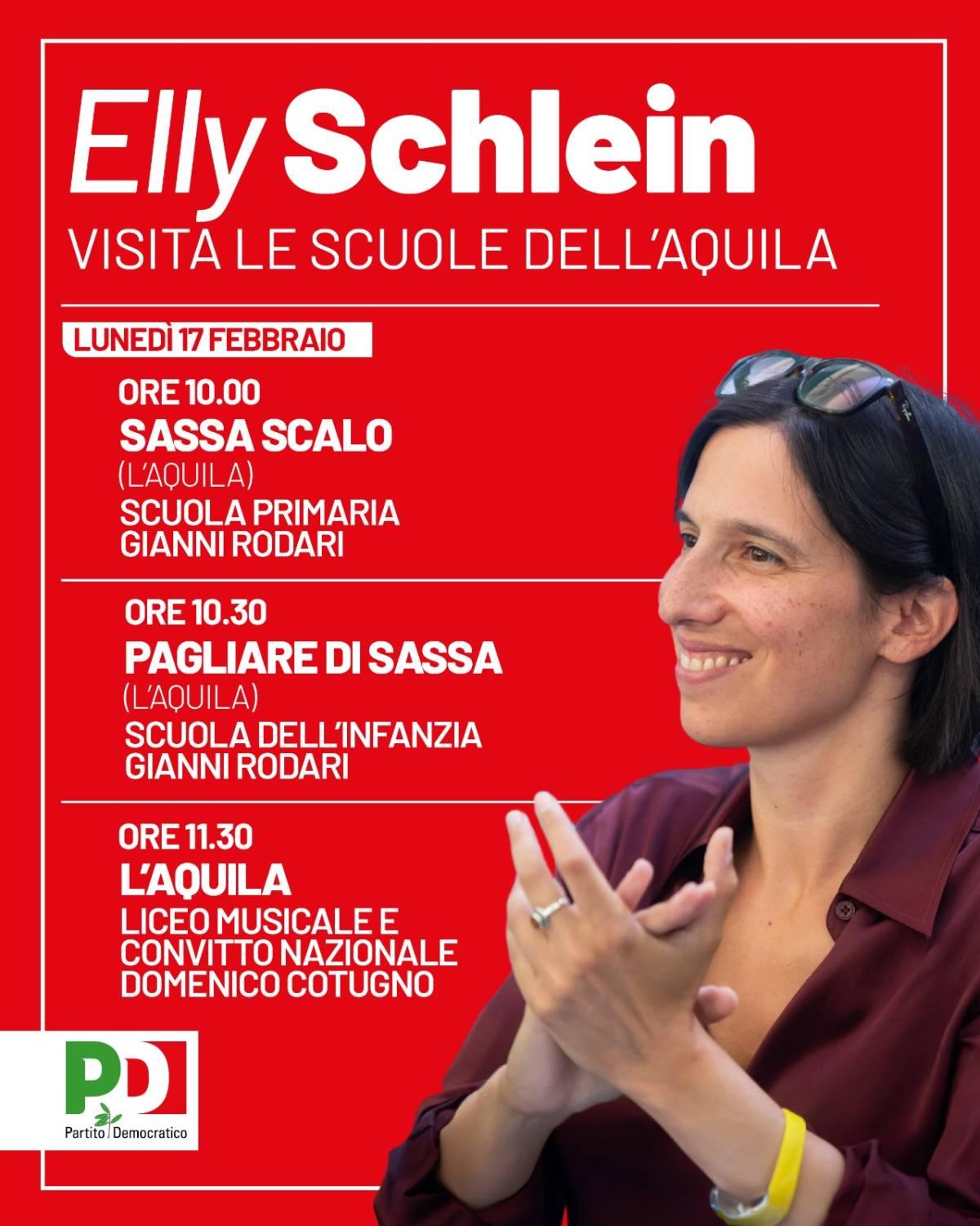 L’AQUILA: LA SEGRETARIA PD ELLY SCHLEIN VISITA SCUOLE DELLA CITTA’