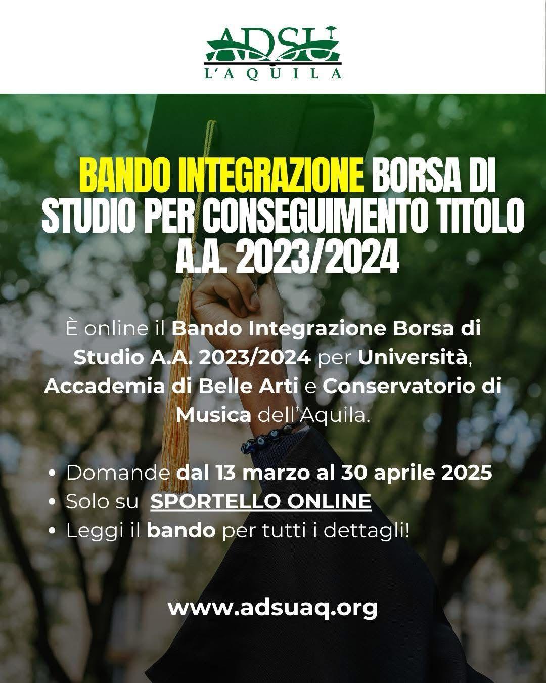 ADSU L’AQUILA: PUBBLICATO IL BANDO PER INTEGRAZIONE BORSE DI STUDIO DEI NEOLAUREATI