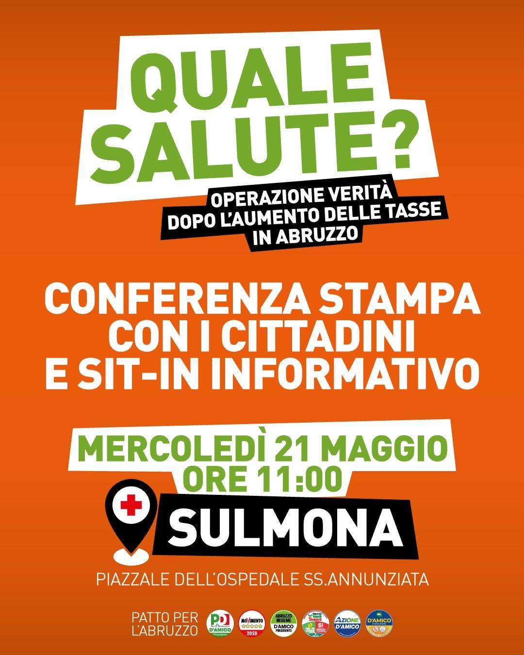 AUMENTO TASSE E BUCO SANITA’ IN ABRUZZO: CONFERENZA A SULMONA CON D’AMICO, DI GIROLAMO E APPENDINO