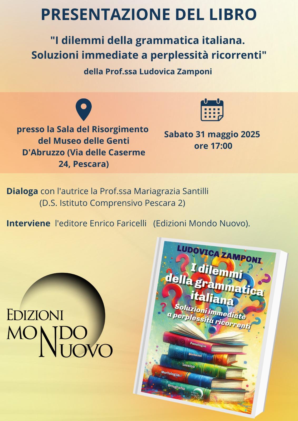 “I DILEMMI DELLA GRAMMATICA ITALIANA”, SABATO A PESCARA PRESENTAZIONE  LIBRO DELLA PROF ZAMPONI