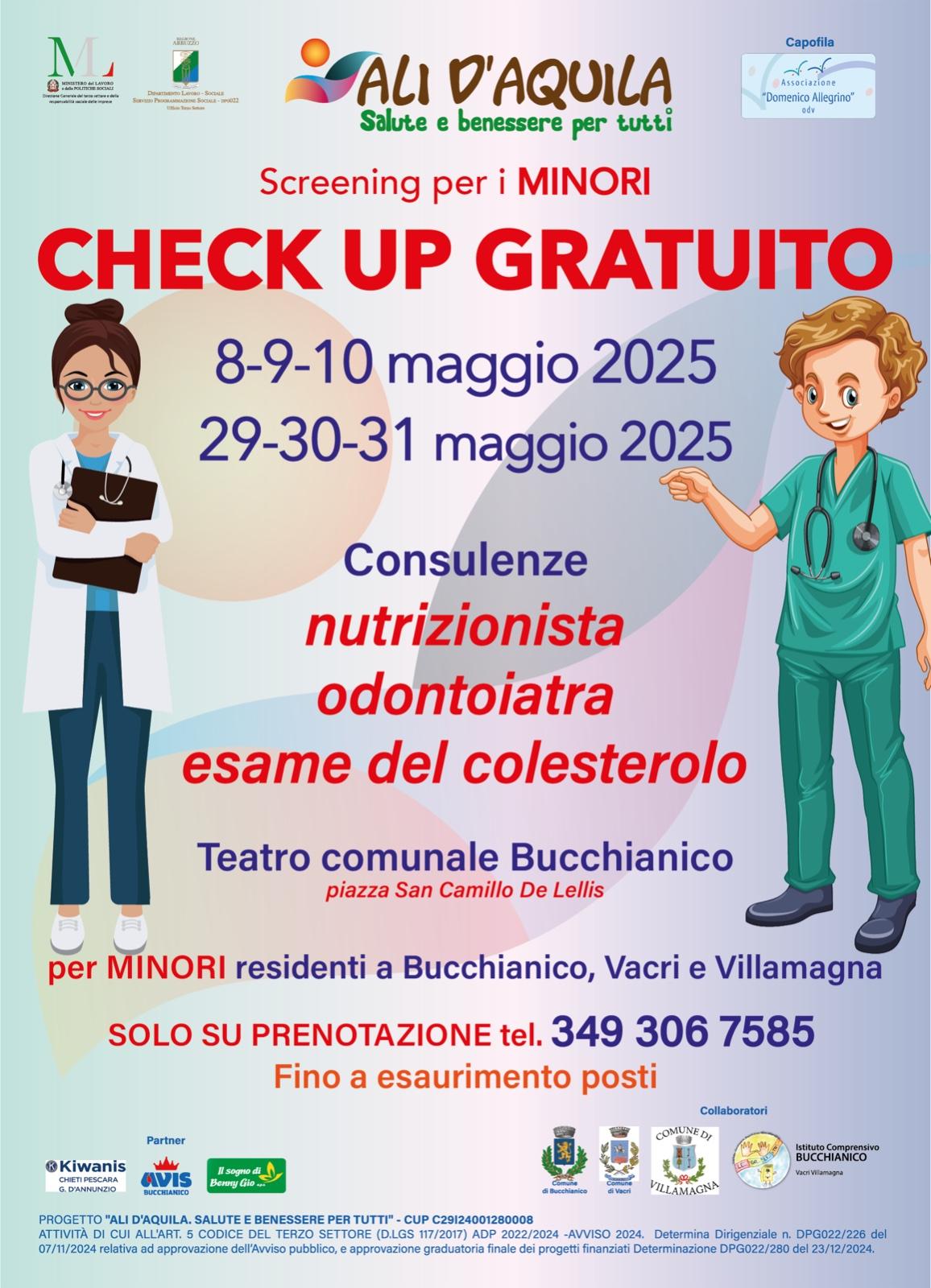 BUCCHIANICO: SCREENING GRATUITI PER OVER 65 E MINORI A PARTIRE DAL 5 MAGGIO