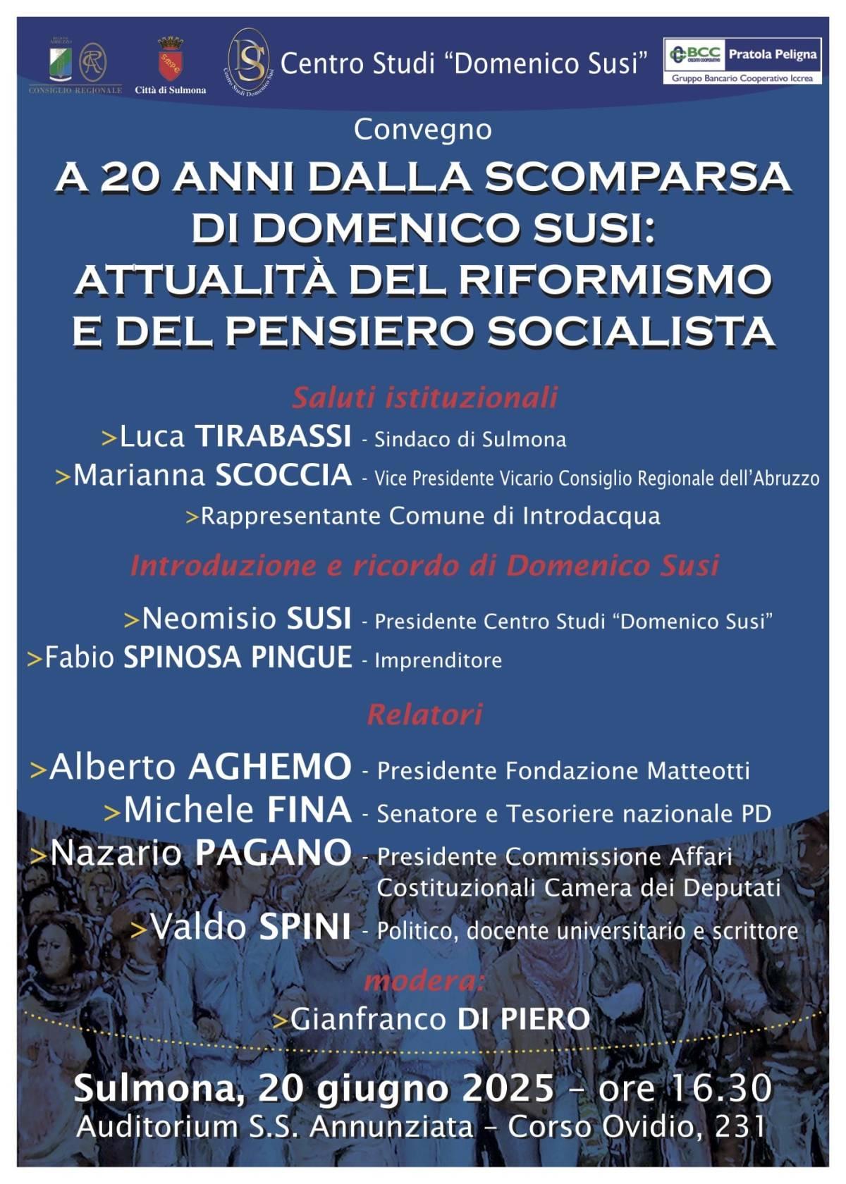 SULMONA: UN CONVEGNO SULLA FIGURA DI DOMENICO SUSI A 20 ANNI DALLA SCOMPARSA