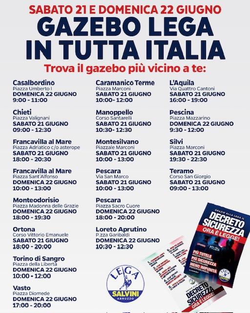 DOMANI E DOMENICA LEGA NELLE PIAZZE ABRUZZESI PER SPIEGARE LE NOVITA’ DEL DECRETO SICUREZZA
