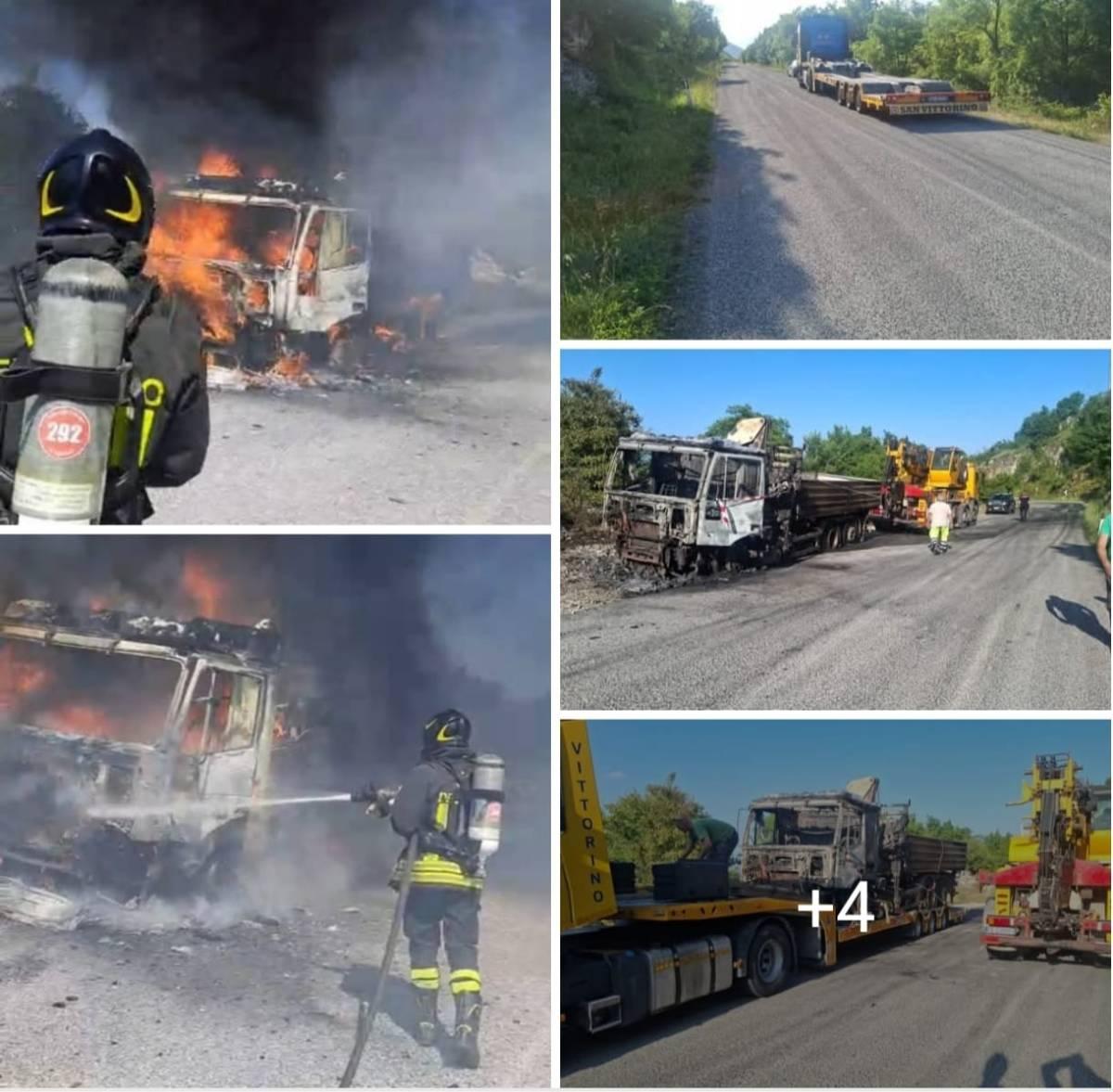 IN FIAMME UN GROSSO CAMION LUNGO LA STRADA PER ROCCA DI MEZZO: ILLESO L’AUTISTA