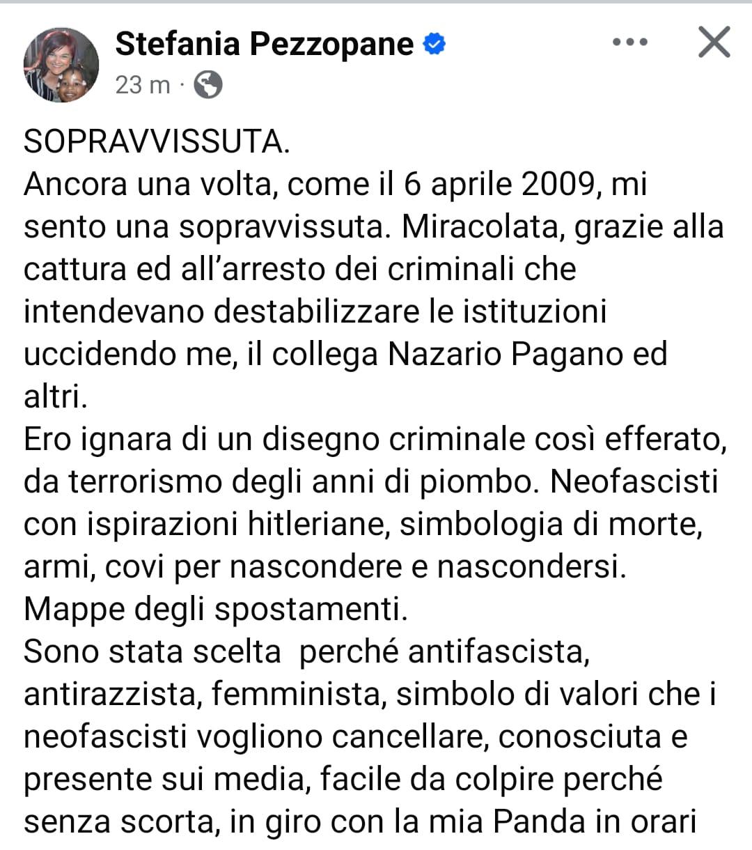 TERRORISMO: PEZZOPANE, “SOPRAVVISSUTA, ANCORA UNA VOLTA, COME IL 6 APRILE 2009”