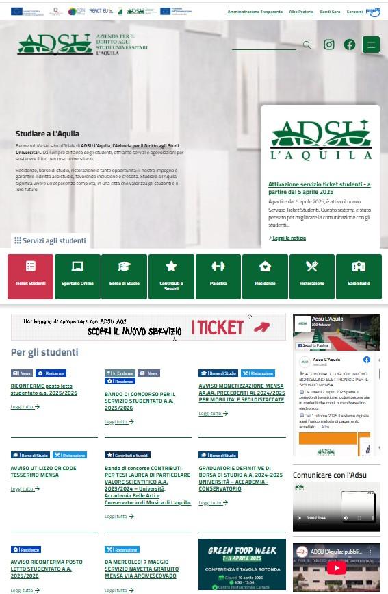 ADSU L’AQUILA: ONLINE IL NUOVO SITO WEB. RINNOVATO IN GRAFICA E CONTENUTI