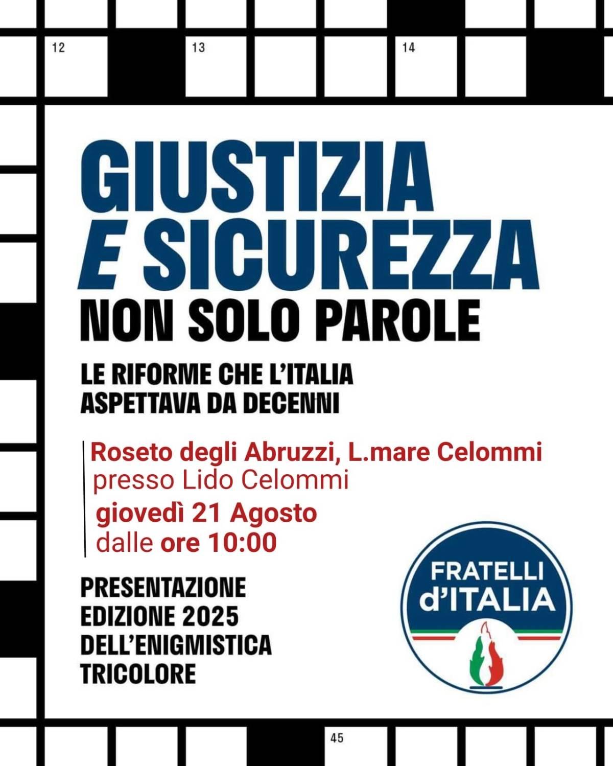 ROSETO: GIOVEDI’ TAPPA ABRUZZESE DEL “QUIZ DEI PATRIOTI”, CON DONZELLI E FIDANZA