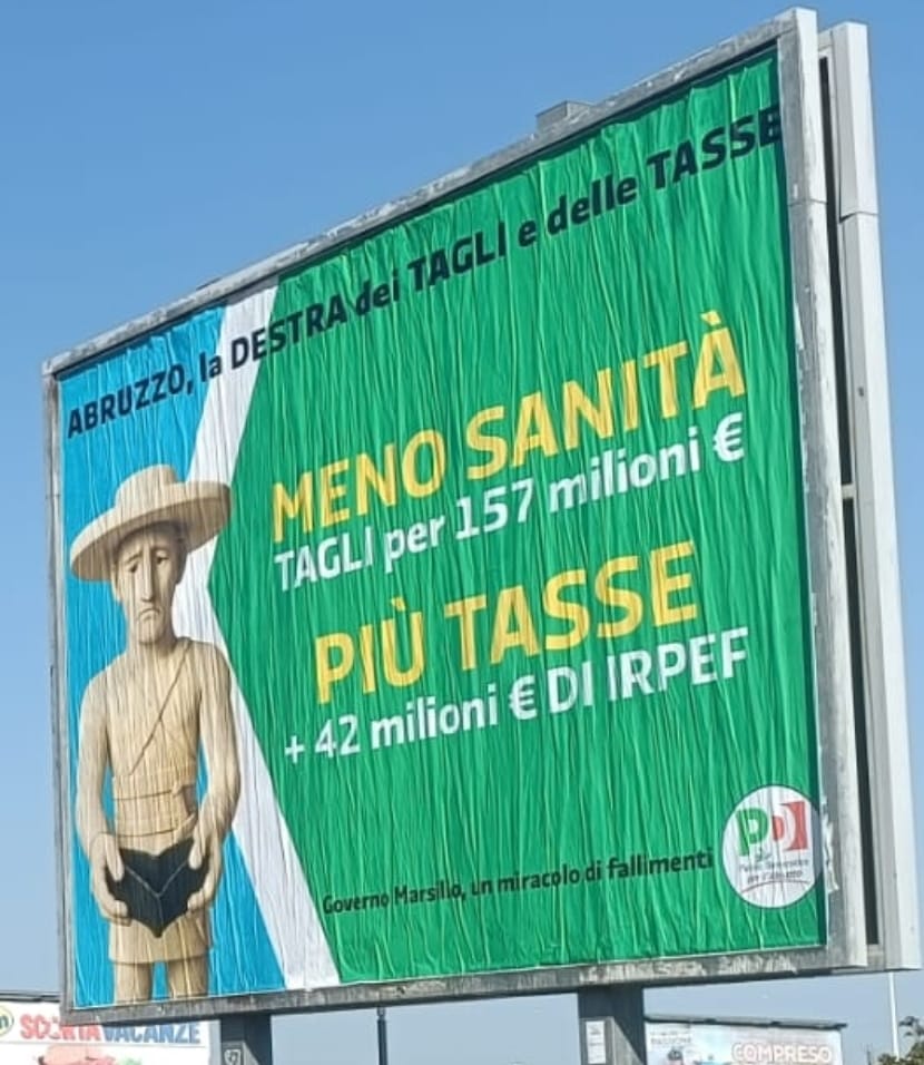 “MENO SANITA’ E TRASPORTI, PIU’ TASSE”: PARTE CAMPAGNA MANIFESTI DEL PD CONTRO CENTRODESTRA