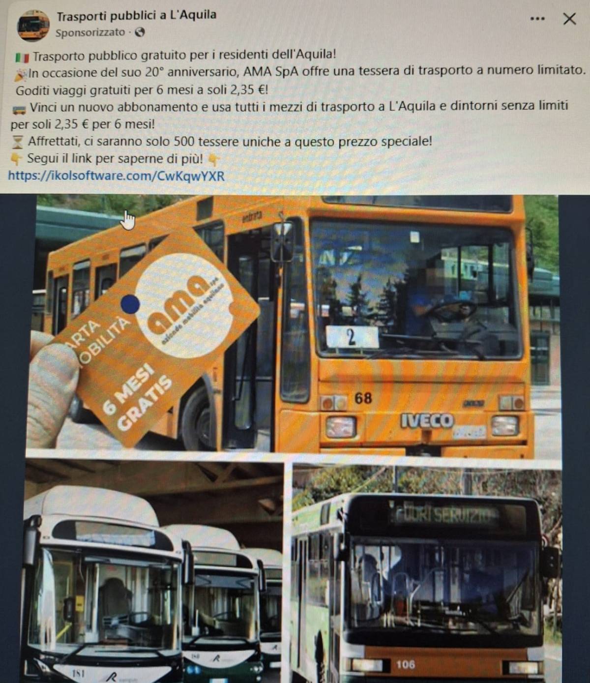 L’AQUILA: FALSE TESSERE AUTOBUS A PREZZI STRACCIATI, L’AMA SEGNALA TRUFFA ON LINE