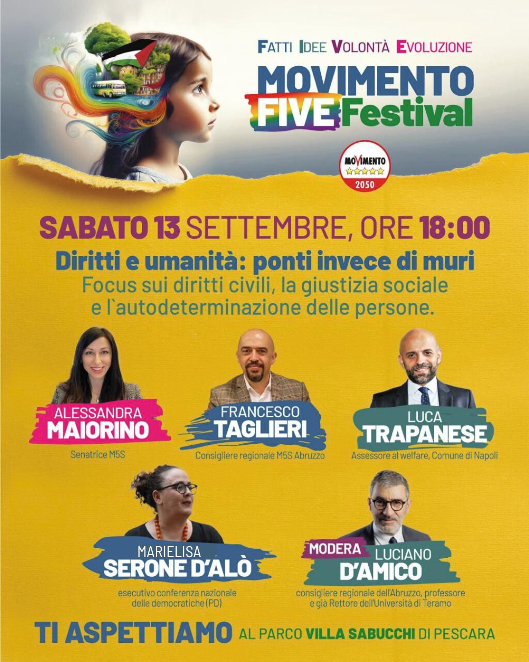 F.I.V.E.: ALLA FESTA DEL MOVIMENTO 5 STELLE OGGI A PESCARA DIBATTITO SU PALESTINA E DIRITTI