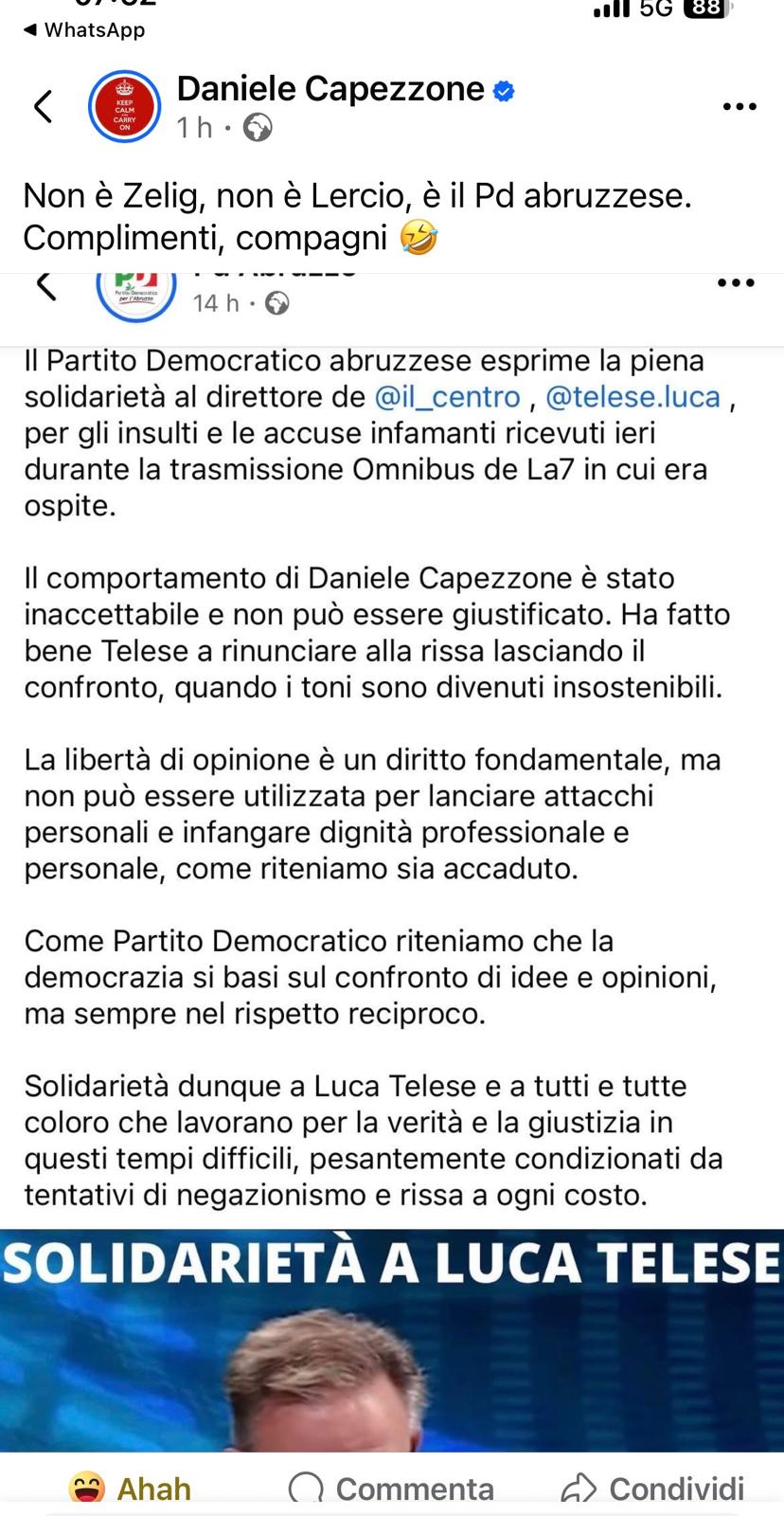 GAZA: PD ABRUZZO, “SOLIDARIETÀ A TELESE”, CAPEZZONE, “NON È LERCIO, COMPLIMENTI COMPAGNI”