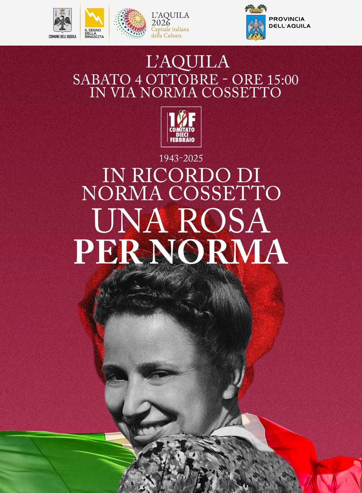 L’AQUILA: UNA ROSA PER NORMA COSSETTO, IL 4 OTTOBRE L’INIZIATIVA DEL COMITATO 10 FEBBRAIO