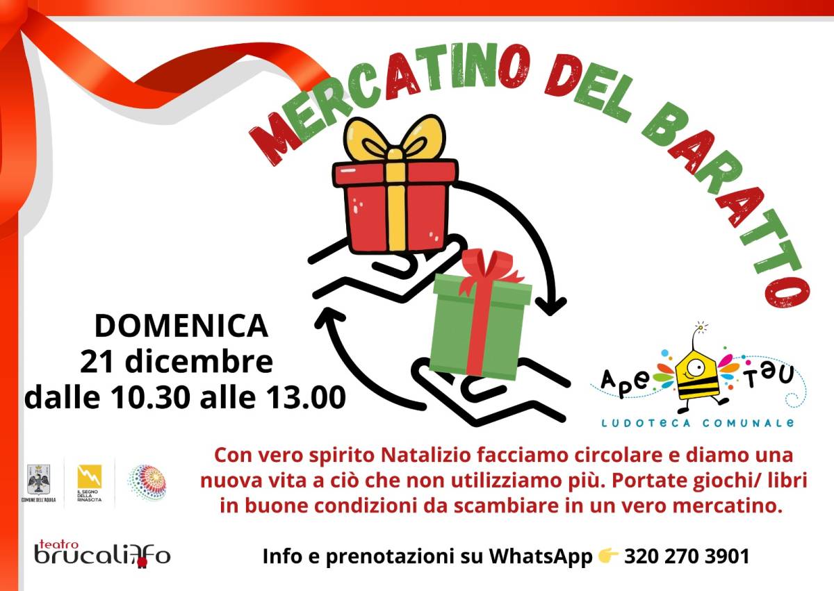 L’AQUILA: ALL’APE TAU MERCATINO DI NATALE, TOMBOLATA  E CENA “PORTA E CONDIVIDI”