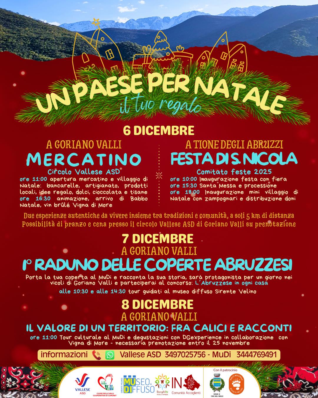 NATALE: A TIONE DEGLI ABRUZZI E GORIANO VALLI MERCATINO, FESTA SAN NICOLA E RADUNO COPERTE ABRUZZESI