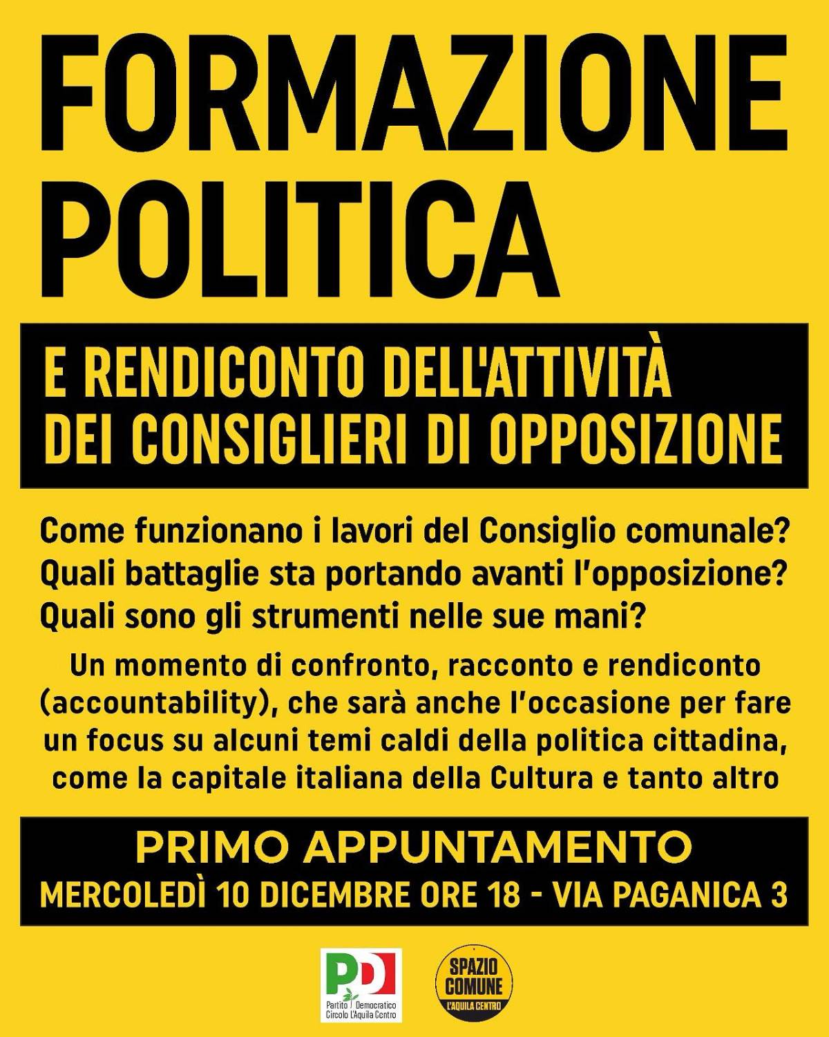 L’AQUILA: FORMAZIONE POLITICA E RENDICONTO ATTIVITA’ CONSIGLIERI, AL VIA “SPAZIO COMUNE”