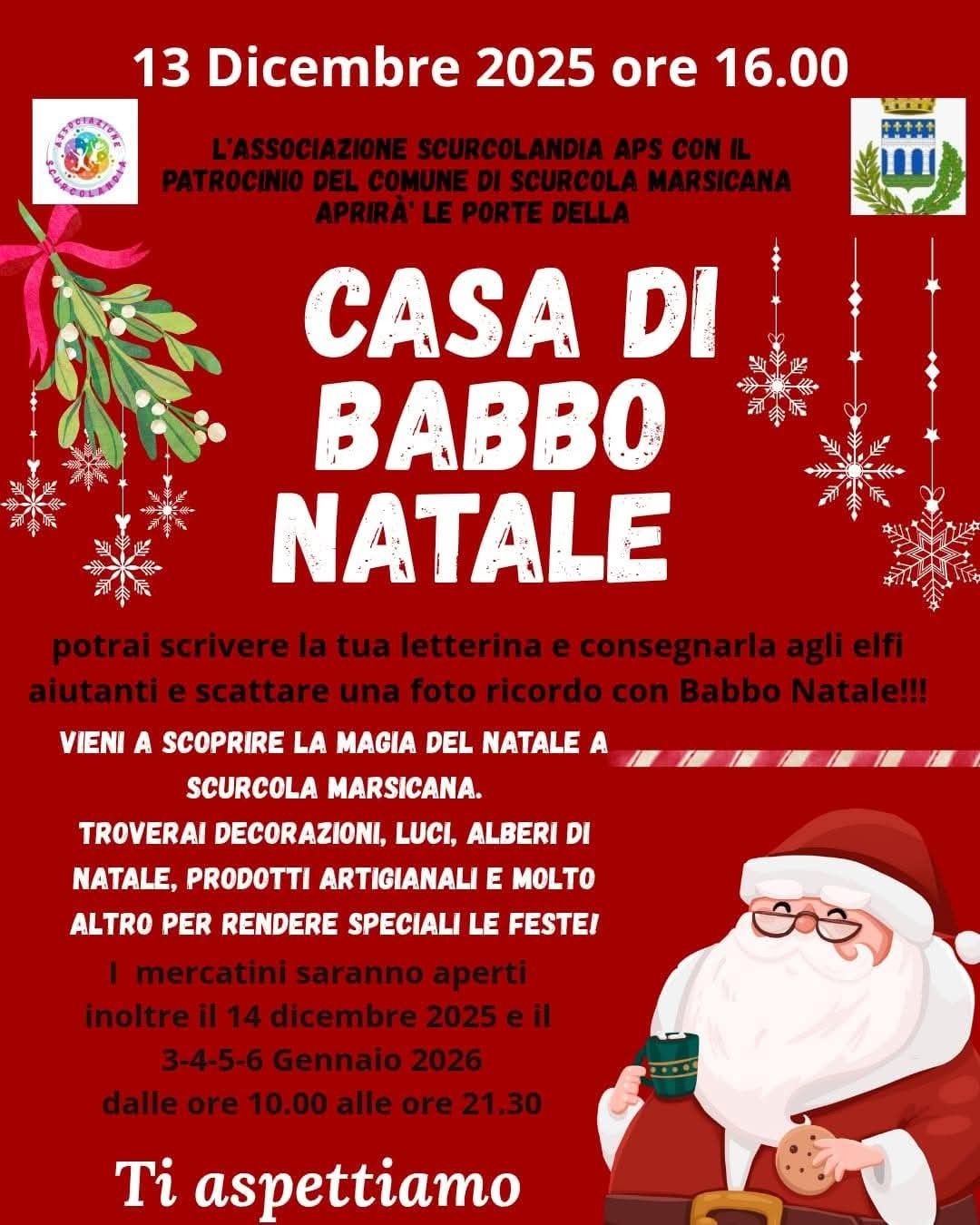 SCURCOLA MARSICANA: ARRIVA LA CASA DI BABBO NATALE, IL PROGRAMMA