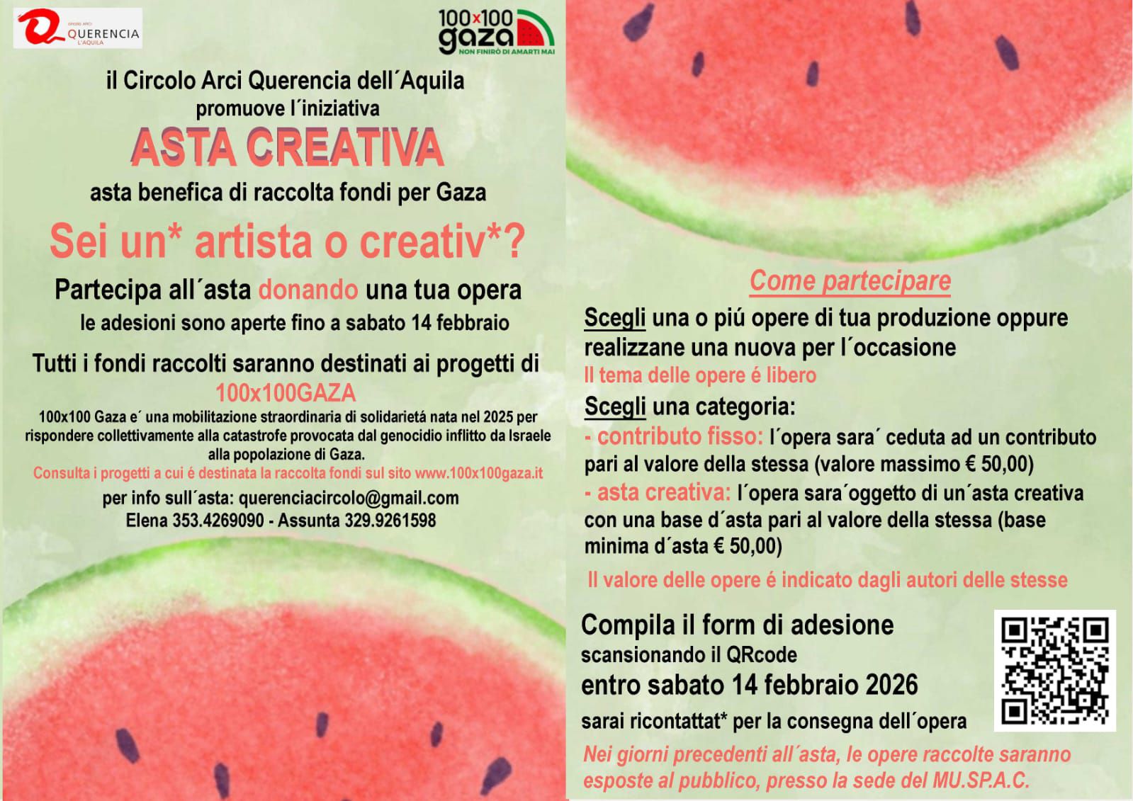 GAZA: AL CIRCOLO ARCI QUERENCIA DELL’AQUILA ASTA DI OPERE D’ARTE PER PROGETTI DI AIUTO ALLA POPOLAZIONE