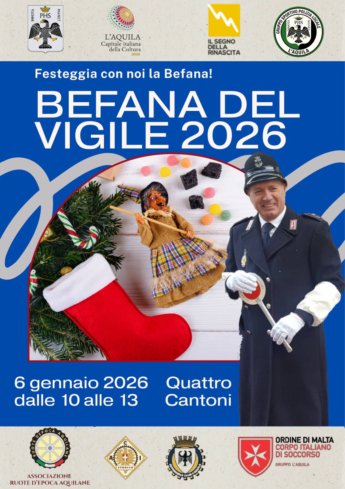 L’AQUILA: IL 6 GENNAIO TORNA AI 4 CANTONI LA BEFANA DEL VIGILE URBANO