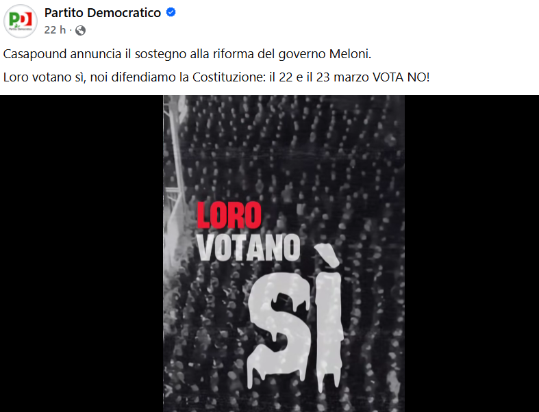 REFERENDUM GIUSTIZIA: PD LANCIA VIDEO ADUNATA FASCISTA, “LORO VOTANO SÌ”, È POLEMICA