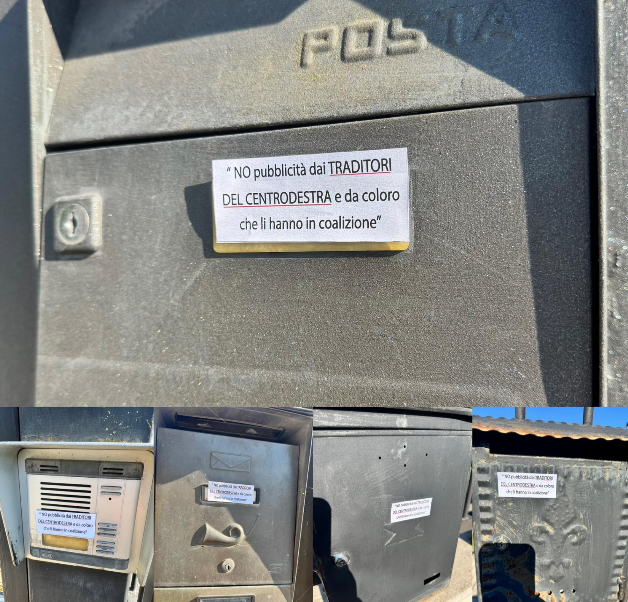VOTO AVEZZANO: TARGHETTE SU CASSETTE POSTALI, “NO A PUBBLICITÀ TRADITORI CDX”