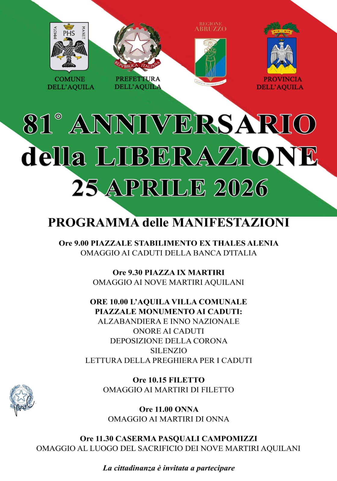 L’AQUILA: 25 APRILE, IL PROGRAMMA DELLE CELEBRAZIONI