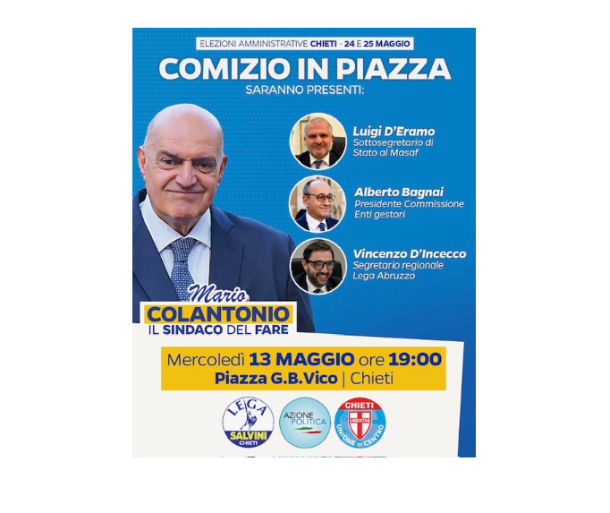 VOTO CHIETI: DOMANI MANIFESTAZIONE COALIZIONE A SOSTEGNO DI COLANTONIO