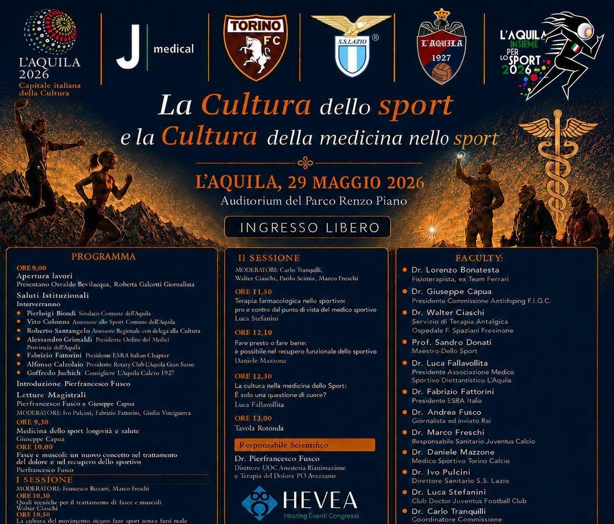CULTURA DELLO SPORT: ALL’AQUILA UN CONVEGNO CON MEDICI DI GRANDI CLUB DI CALCIO E NOTI SPECIALISTI