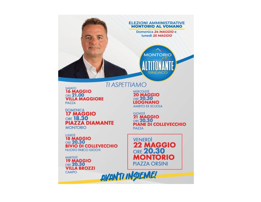 MONTORIO: PROSEGUE TOUR ELETTORALE DI ALTITONANTE: “GRANDE ENTUSIASMO”, CHIUSURA IN PIAZZA ORSINI