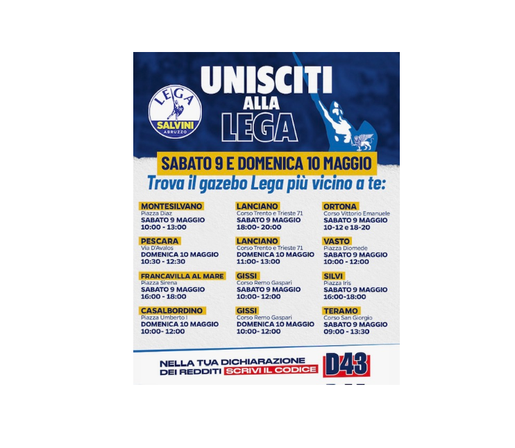 LEGA ABRUZZO IN PIAZZA DOMANI E DOMENICA PER IL TESSERAMENTO 2026