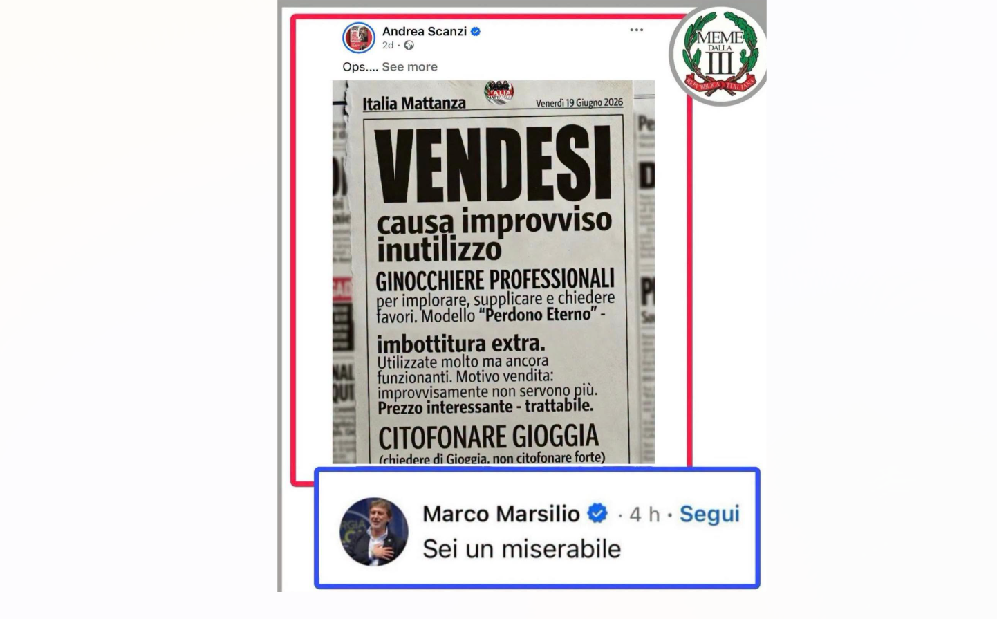 SCONTRO SOCIAL TRA MARSILIO E SCANZI:<BR> “MISERABILE”, “NON CONOSCEVO QUESTO STATISTA”